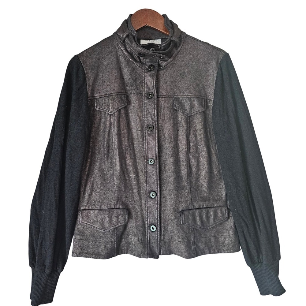 Lola & Sophie New York Jacket XL Faux Leather Knit Sleeve Button Up Moto